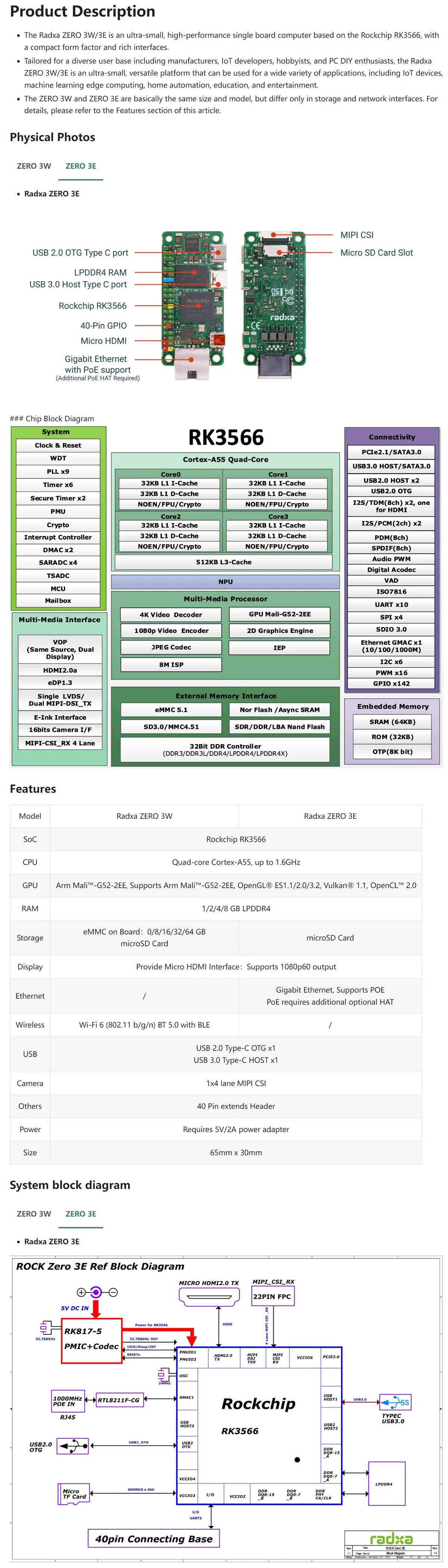 Radxa ZERO 3E Development Board RK3566 4-core CPU , GPU, NPU, HDMI with 1080P Output,  Gigabit Ethernet Kit Optional