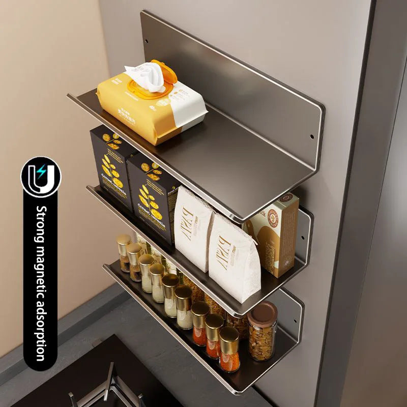 Punch-Free Wall Mounted Magnetic Fridge Shelf Kitchen Seasoning Spice Organizer Multifunctional Home Storage Box