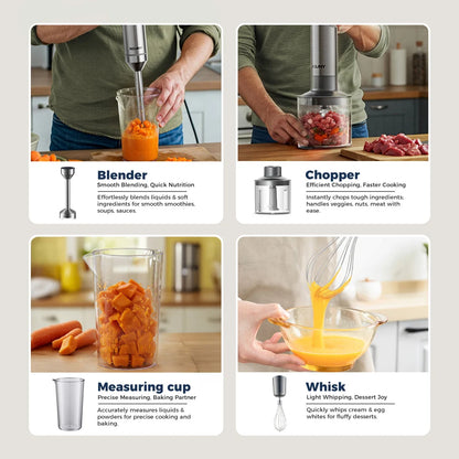 Hand Immersion Blender Powerful 4-in-1,Stainless Steel Stick Food Mixer,700ml Mixing Beaker,500ml Processor,Whisk, 1200W MAX