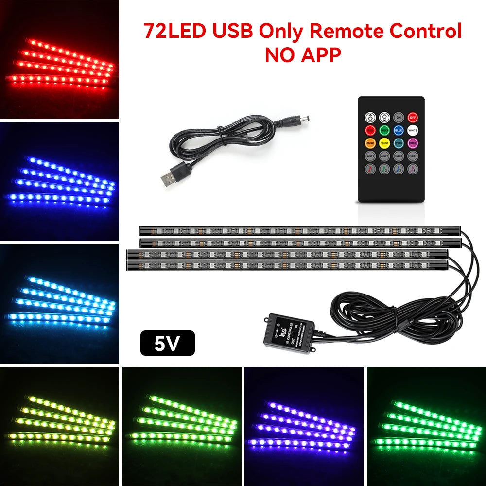 Neon Car Interior Ambient Foot Light with USB Wireless Remote Music App Control RGB 48 LED Atmosphere Decorative Lamp