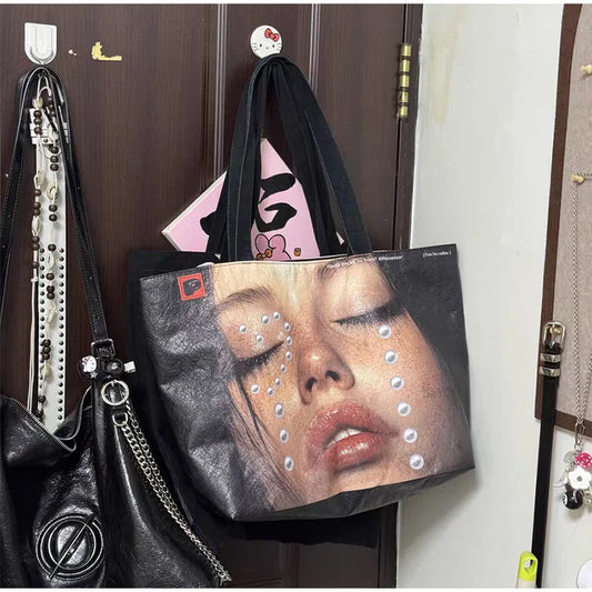 Brand Portrait Print Tote Bag Large Capacity Top-handle Shopper Bag Fashion Pvc Kraft Paper Shoulderbag Waterproof Pouch Storage