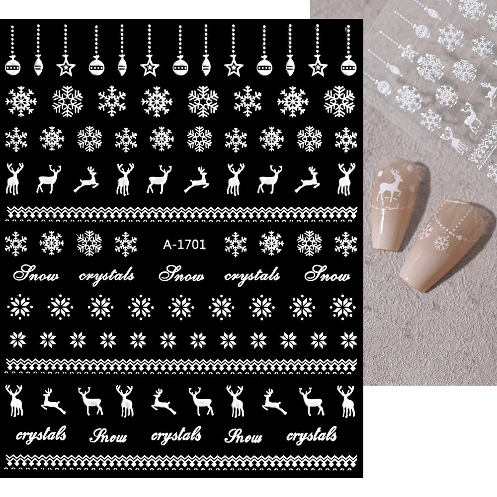 1sheet 3D White Snowflakes Nail Stickers for Christmas Winter Snow Flower Self-adhesive Nail Art Decals DIY Manicure Decorations