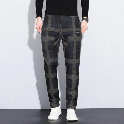 Autumn Winter Luxury Plaid Check Pattern Casual Pants Men Thick Business Elastic Waist Slim Fit Korean Pocket Long Trousers Male