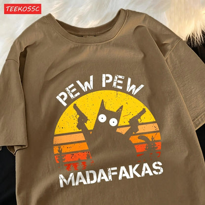 Pew Pew Madafakas Cat With Two Guns T-Shirts Man Street Summer Short Sleeve Harajuku Cotton Tshirt Oversized Breathable Tops