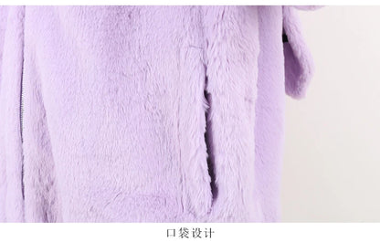 Nerazzurri Autumn Winter Sweet Cute Kawaii Soft Thick Warm Faux Fur Coat Women with Bunny Ears Cute Fluffy Jacket Hoodie 2024