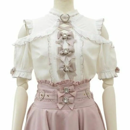 Women Japanese Sweet Lolita Blouses Summer Elegant Bow Off Shoulder JK Shirt Female Gothic Hot Girls Casual Lace Ruffles Tops