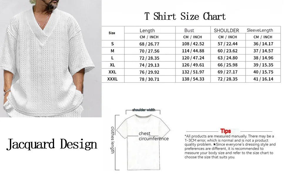 Men Shorts Set Summer Casual Knitted Two Piece Men's Clothing V-Neck Short Sleeve T-shirt and Shorts Streetwear Knit Outfits