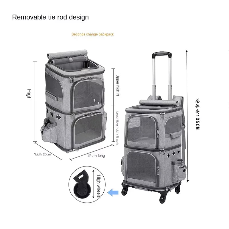 Double Backpack Foldeable Lightweight Pet Stroller For Two Dogs And Cats Outdoor Travel With 4 Wheels