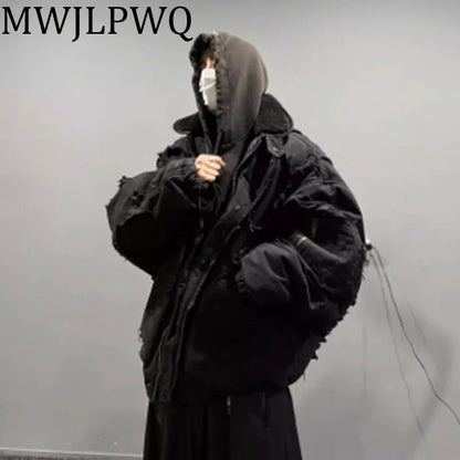 MWJLPWQ Fake Two Pieces Retro Distressed Hooded Cotton Jacket Men's New High Street Zipper Washed Hiphop Padded Winter 010528