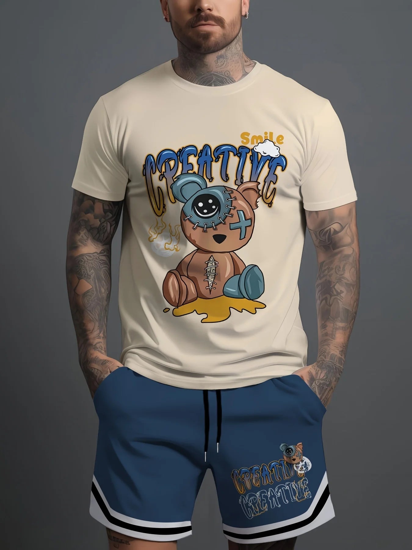 2026 Summer Casual Short-Sleeve Fashionable Breathable Sports Set Loose-Fit Quick-Dry Men's Short-Sleeve Hip-Hop Bear Print Set