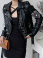 2024 New Autumn Women Winter Faux Soft Leather Jackets Coats Lady Black PU Rivet Zipper Epaulet 3D print Motorcycle Streetwear