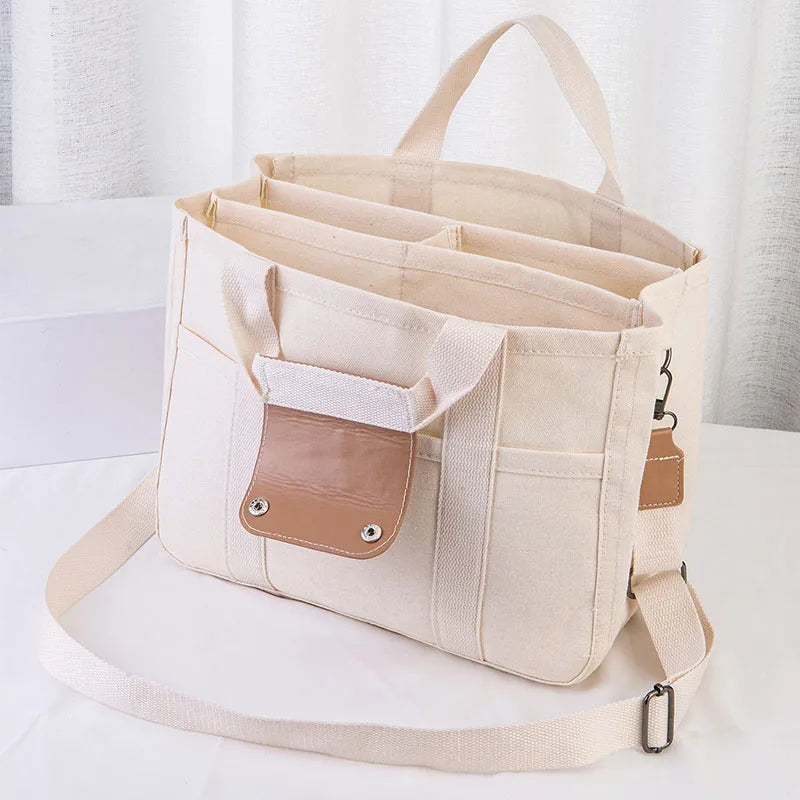 Women's Casual Canvas Handbag Multi-pocket Large Capacity Tote Bag Adjustable Shoulder Strap Casual Shoulder Shopper Bag Female
