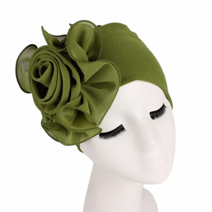 Fashion Women Big Flower Turban Hat Solid Color Elastic Cloth Head Cap Muslim Head Wraps Caps Lady Bandana Hair Accessories