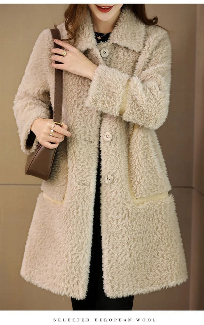 Female Winter Slim Grain Wool Middle Long Coat Women New Middle-Aged And Elderly Cashmere Thickened Imitation Lamb Wool Overcoat