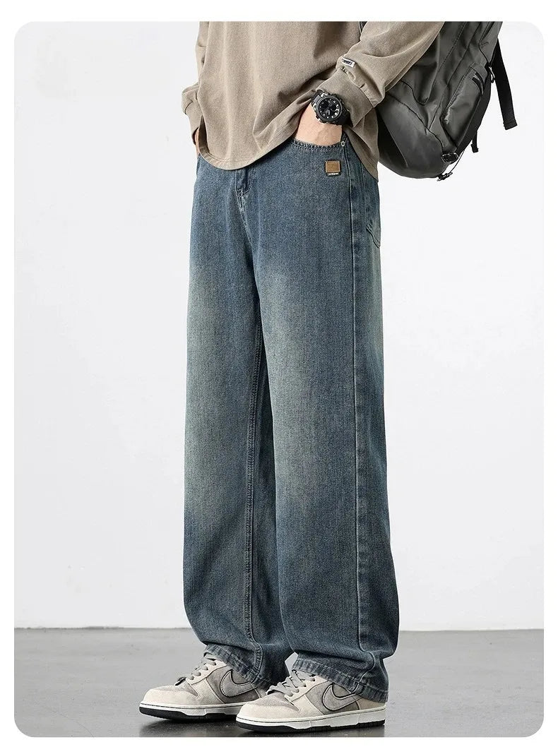 Spring Autumn American Retro Straight Jeans Men Streetwear Korean Fashion Loose Baggy Wide Leg Denim Pants Male Casual Trousers