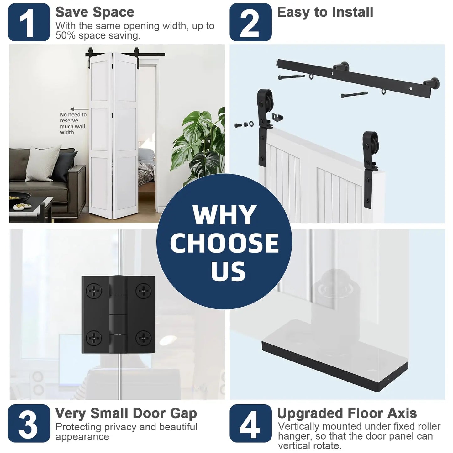 Heavy Duty Bi-Folding Sliding Barn Door Hardware Kit Quiet Side-Mounted Roller – 2/4 Bifold Doors For Closet Laundry Bedroom