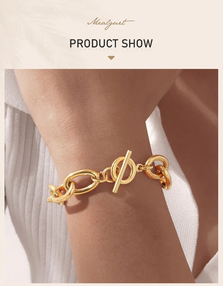 Chunky Bold Toggle Bracelets for Women, Stainless Steel OT Buckle Link Chain Bracelet Gold Plated Tarnish Free