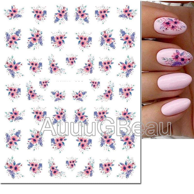 3d Nail Art Decals Elegant White RoyalBlue Roses Flowers Adhesive Sliders Nail Stickers Decoration For Nail Manicure