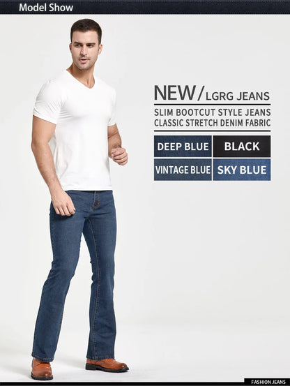 LGRG Mens Boot Cut Jeans Slightly Flared Slim Fit Blue Black Trousers Designer Classic Male Stretch Denim Pants