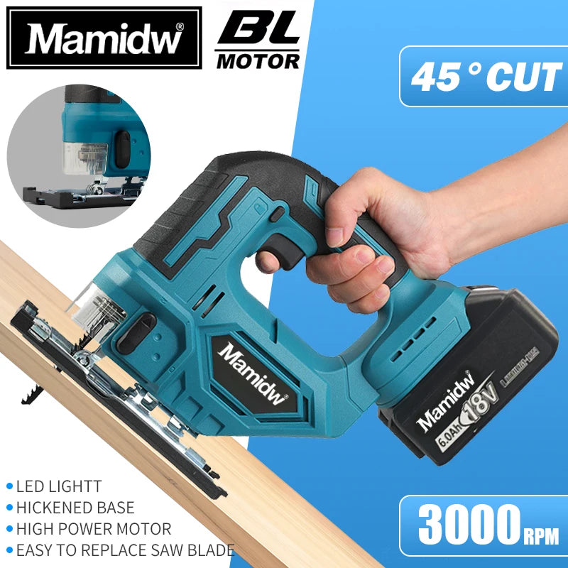 Mamidw Cordless Jigsaw Electric Curve Saw 3000RPM No-Load Speed, 20mm Stroke Length, 45° Tilting Function, Ergonomic Handle, Powered Precision Saw for Wood, Metal, Plastic Cutting, DIY & Professional Use (Tool Only) Compatib