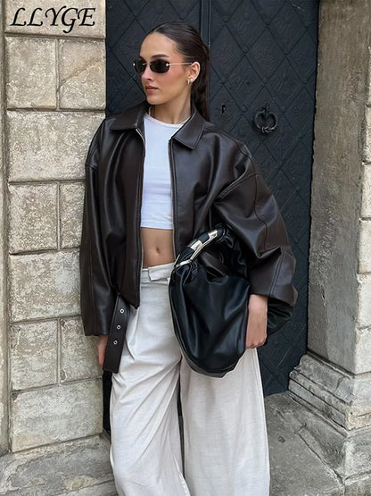 Street Women's Belt Leather Jackets Loose Lapel Zipper Long Sleeve Pockets Female Coats 2026 Autumn Lady Fashion Y2k Outwear