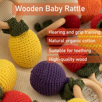 Wooden Baby Teether Cute Fruit Style Handmade Crochet Rattle Toys Newborn Soother Teething Chew Toys for Boys Girls Babies Gifts