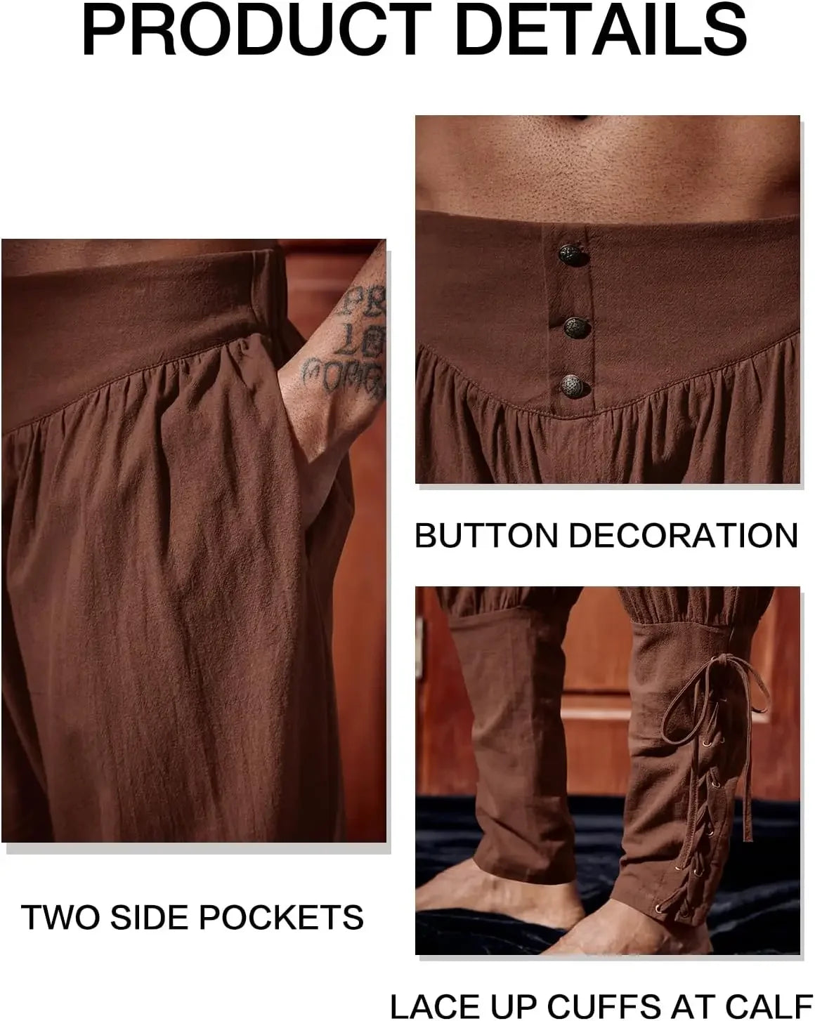 Mens Medieval Ankle Pants Renaissance Viking Pirate Lace Up Tapered Halloween Linen Costume Trousers Cargo Pants