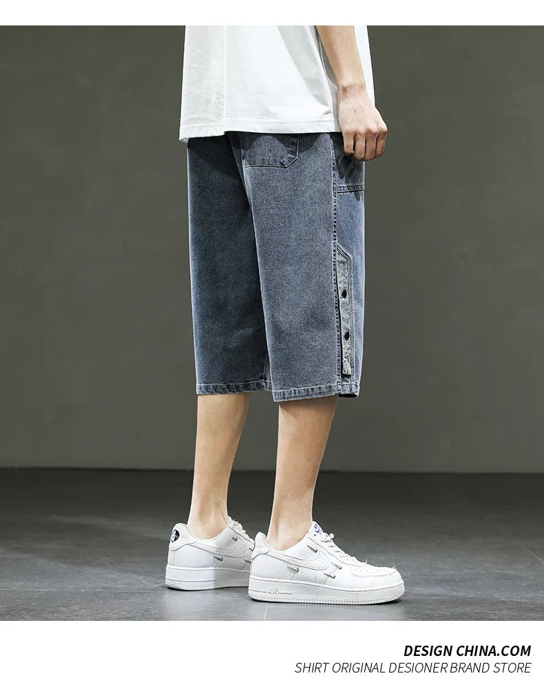 Korean Style Men's Long Shorts 3/4 Length Denim Bermuda Male Big Plus Large Size Jeans Fashion Below Knee Streetwear Loose Baggy