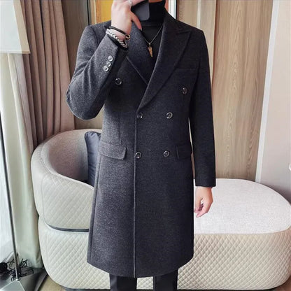 Autumn Winter Vintage Men's Woolen Long Coat Fashion Lapel High Quality Double Breasted Formal Men Slim Fit WindBreaker Overcoat