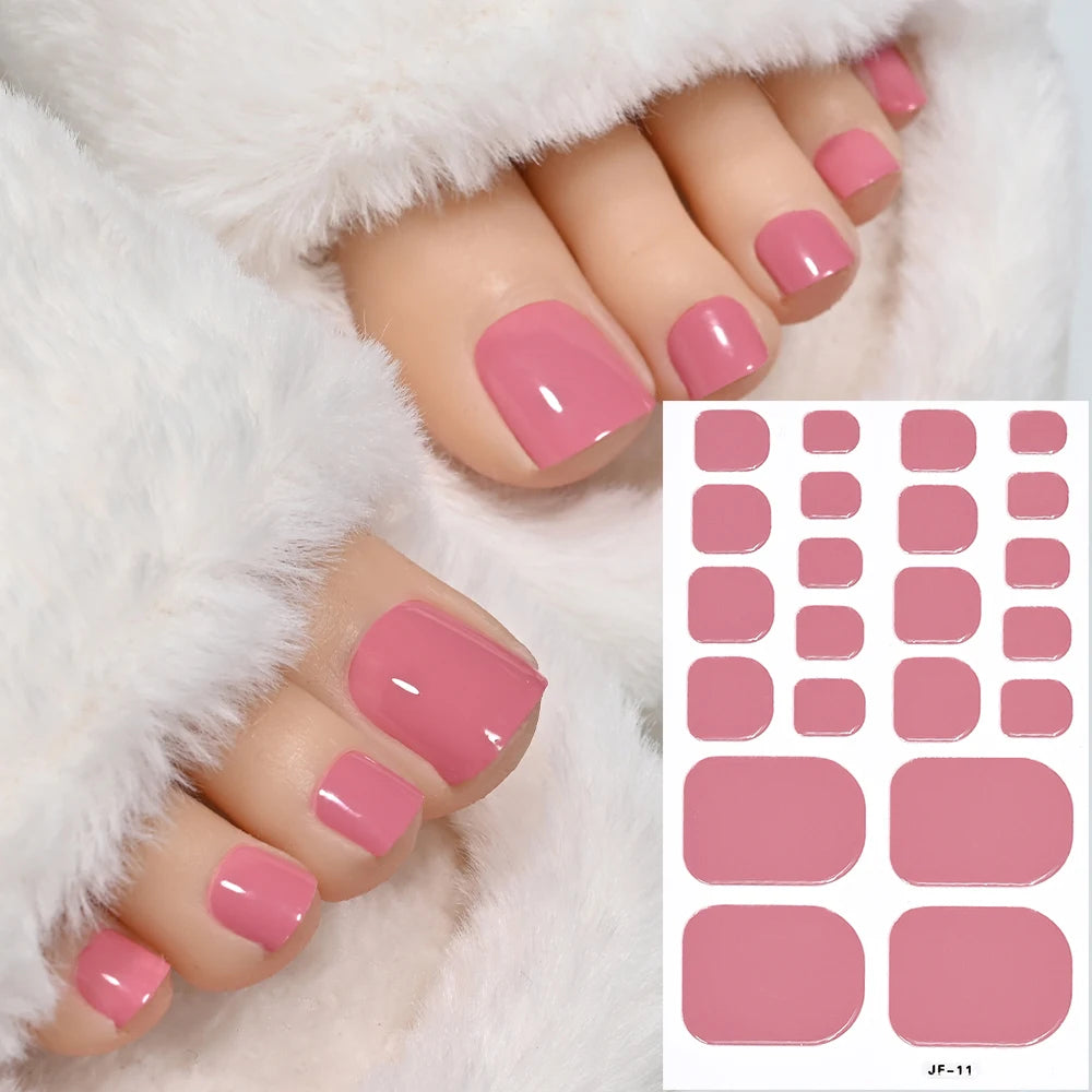 1Sheet=22Tips Glossy Red Toe Nail Stickers Full Cover Solid Color Press On Toenails Patch UV Baking Free Foot Gel Polish Wraps #