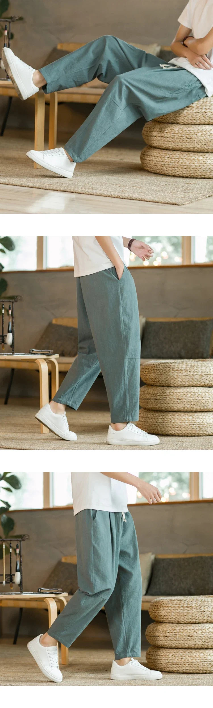Streetwear Men Cotton Trousers Casual Solid Color Long Pants Breathable Drawstring Straight Pants Harem Pants Men Baggy Pants