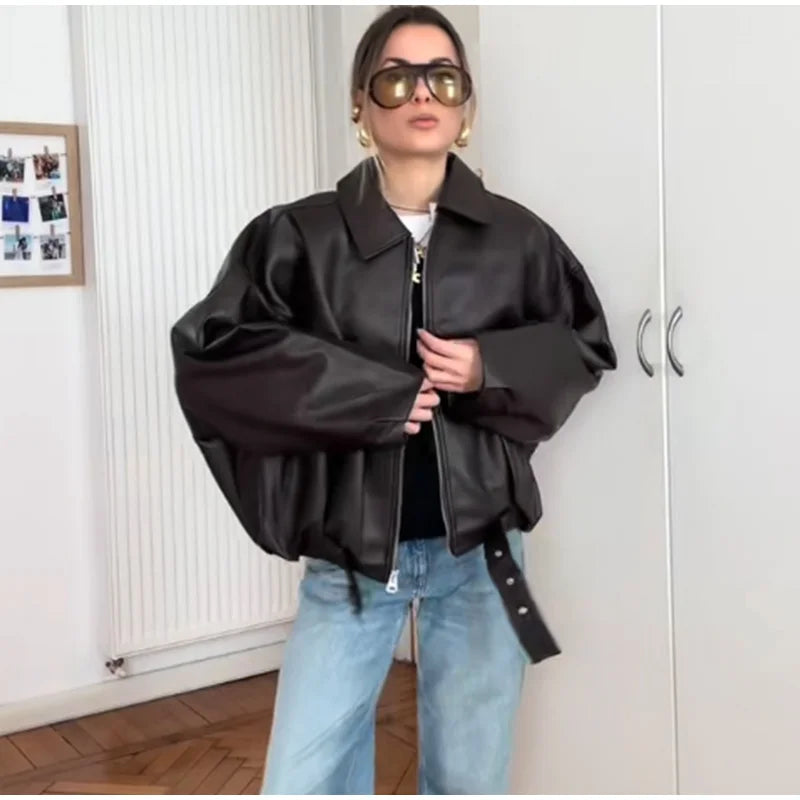 Street Women's Belt Leather Jackets Loose Lapel Zipper Long Sleeve Pockets Female Coats 2026 Autumn Lady Fashion Y2k Outwear