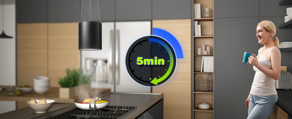 Island Hood 700/800m³/h, A+ Energy, 5-Layer Filter, LED, Ductless, Black, CE, Push Button