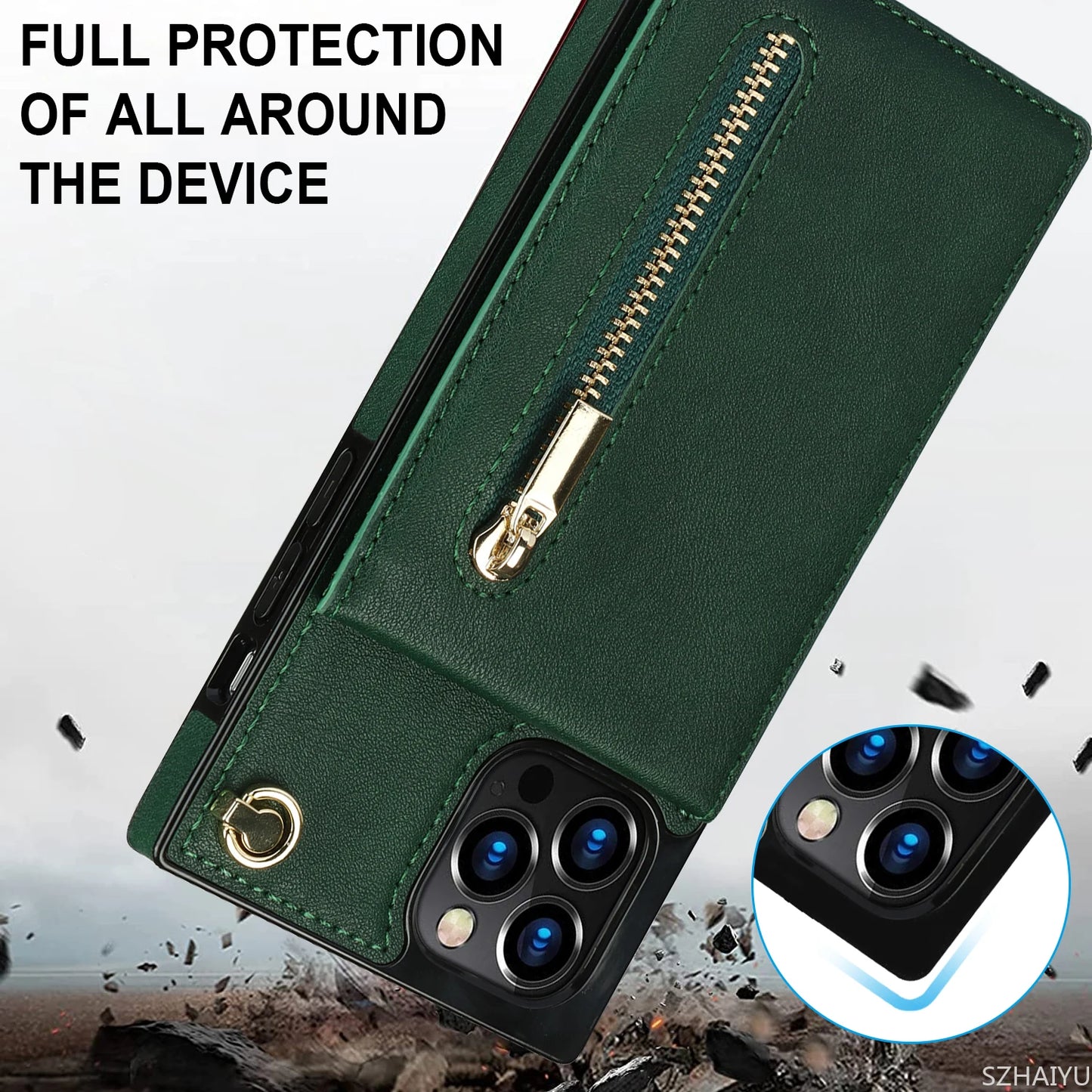 Zipper Wallet for IPhone 17 Air 16 16E 15 14 13 12 11 Pro Max Plus Case with Card Holder Lanyard Strap Crossbody Leather Cover