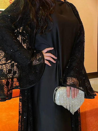 Muslim Women Abaya Dress 2 Piece Set Flare Sleeve Lace Sequin Satin Morocco Caftan Dress Musulman Ensembles Cadigan Outfit Suits