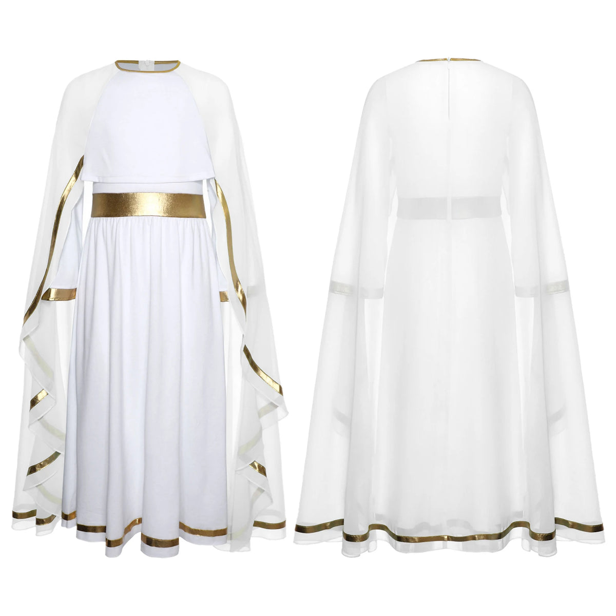 Halloween Virgin Mary Costume for Kids Girls Fancy Greek Princess Cosplay Long Sleeve Ruffle Dress with Chiffon Cape Theme Party