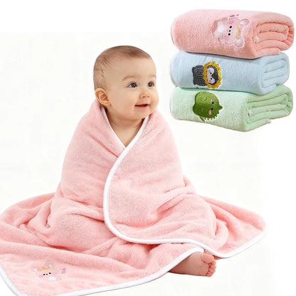 Baby Bath Towel Infant Swaddle Blanket Wrap Kids Cute Animal Embroidered Fleece Blanket Children's Soft Bathrobe Kids Blanket