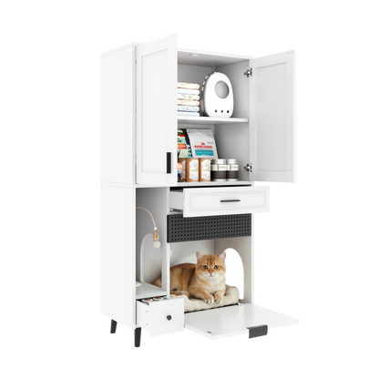 Multifunctional Cat Storage Cabinet with Stable Construction, Adjustable Shelves, Drawers, and Cat Bed Area – Cozy Activity Space for Cats, Pet Furniture with Arch Openings