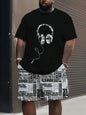 Denim Graphic T-shirt And Shorts 2-piece Set 2025 Plus Size Men's Clothing Casual Loose Drawstring Waist Shorts Short Sleeve Top
