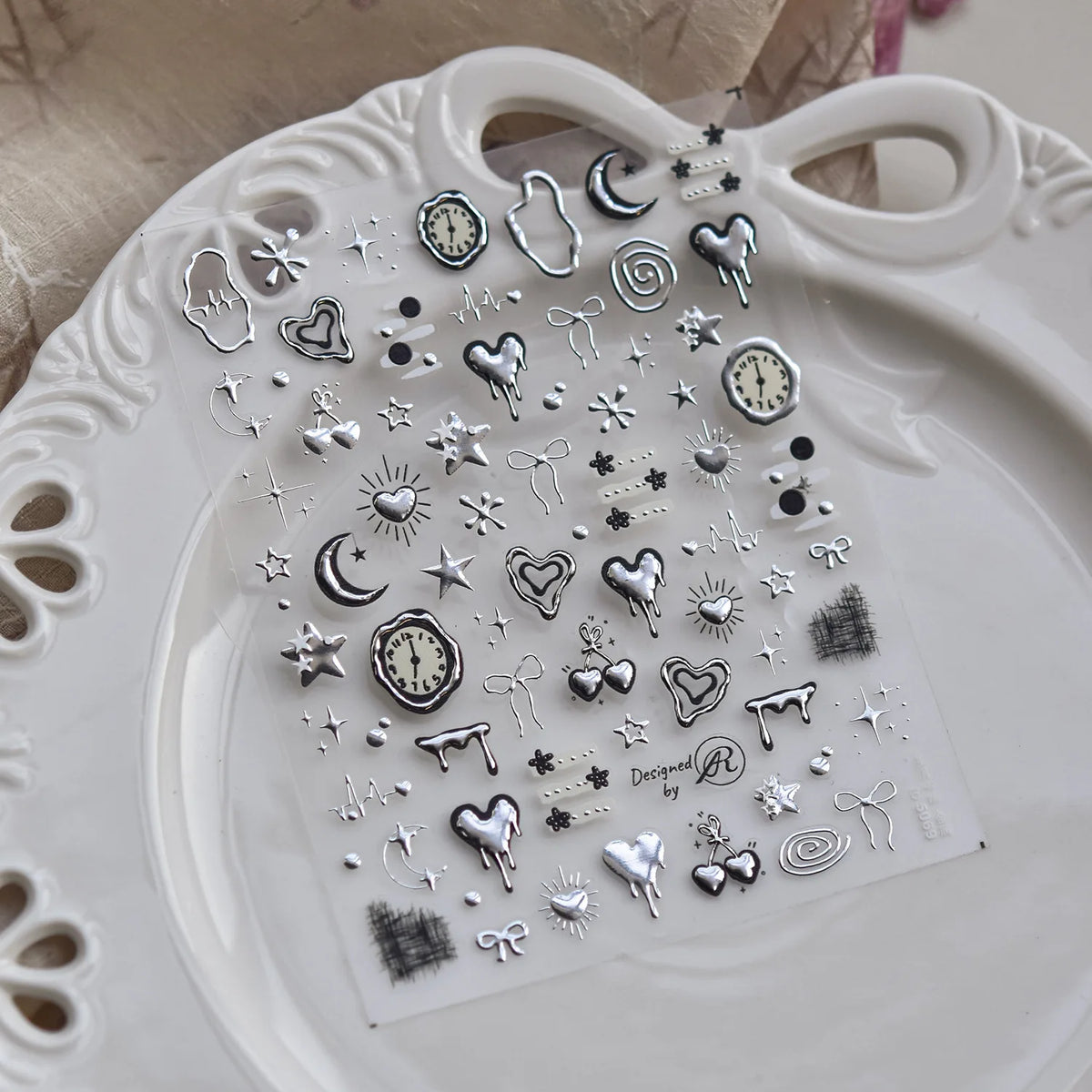 1Pcs 5D Metal Y2K Liquid Love Star Moon Nail Art Sticker Punk Style Silver Clock Heartbeat Heart Slider Romantic Manicure Decals