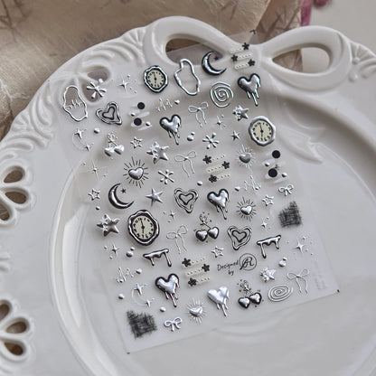 1Pcs 5D Metal Y2K Liquid Love Star Moon Nail Art Sticker Punk Style Silver Clock Heartbeat Heart Slider Romantic Manicure Decals