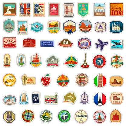 10/25/50pcs Retro World Travel Landmark Stickers Graffiti Vintage Post Stamp Style for Scrapbook Luggage Laptop Phone Car