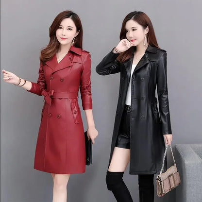 Top Compound lambskin leather jacket lady Free wash PU women clothing trench Long faux fur coat streetwear casaca para mujer