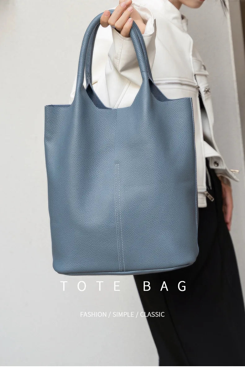Genuine Grade Leather Women Commuter Tote Bag Ladies Soft Cowhide Tote Shoulder Handbag Large Female Bucket Bag Luxury Designer