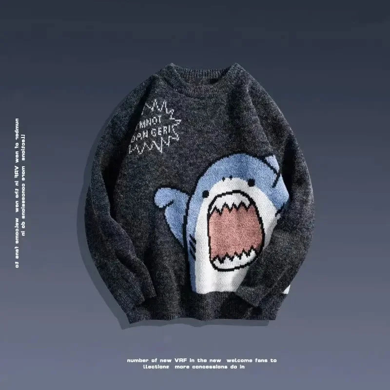Autumn/Winter Japanese Cartoon Shark Round Neck Couple Sweater Men's Trendy Brand Loose-Fit Korean Knitted Top Hong Kong Style