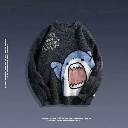 Autumn/Winter Japanese Cartoon Shark Round Neck Couple Sweater Men's Trendy Brand Loose-Fit Korean Knitted Top Hong Kong Style