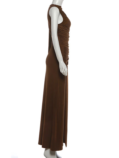 Weird Puss Elegant Party Dress Woman Ruched o-Neck Sleeveless Irregular Ribbon Metal Trim Classic Chic Birthday Banquet Vestidos