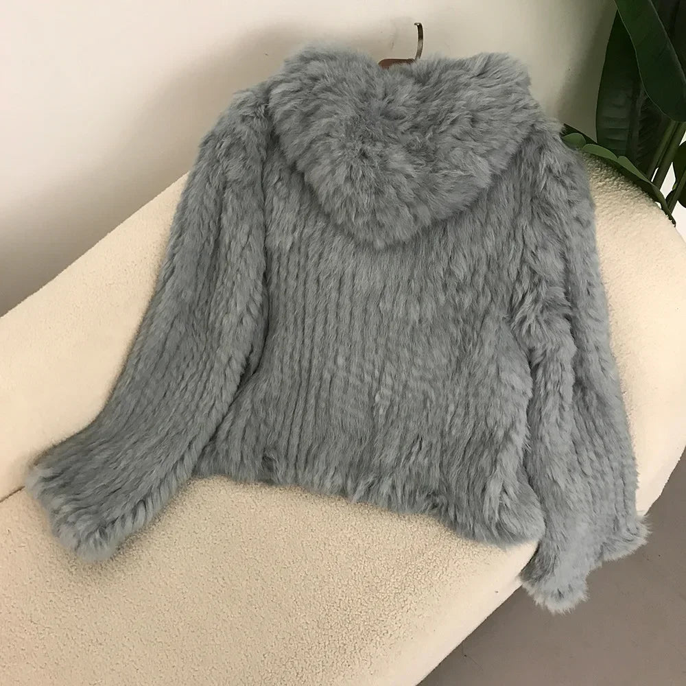 2024 Short Rabbit Fur Coat for Women Autumn Winter New Encrypted Thickened Handmade Double-sided Woven Hooded Korean Style