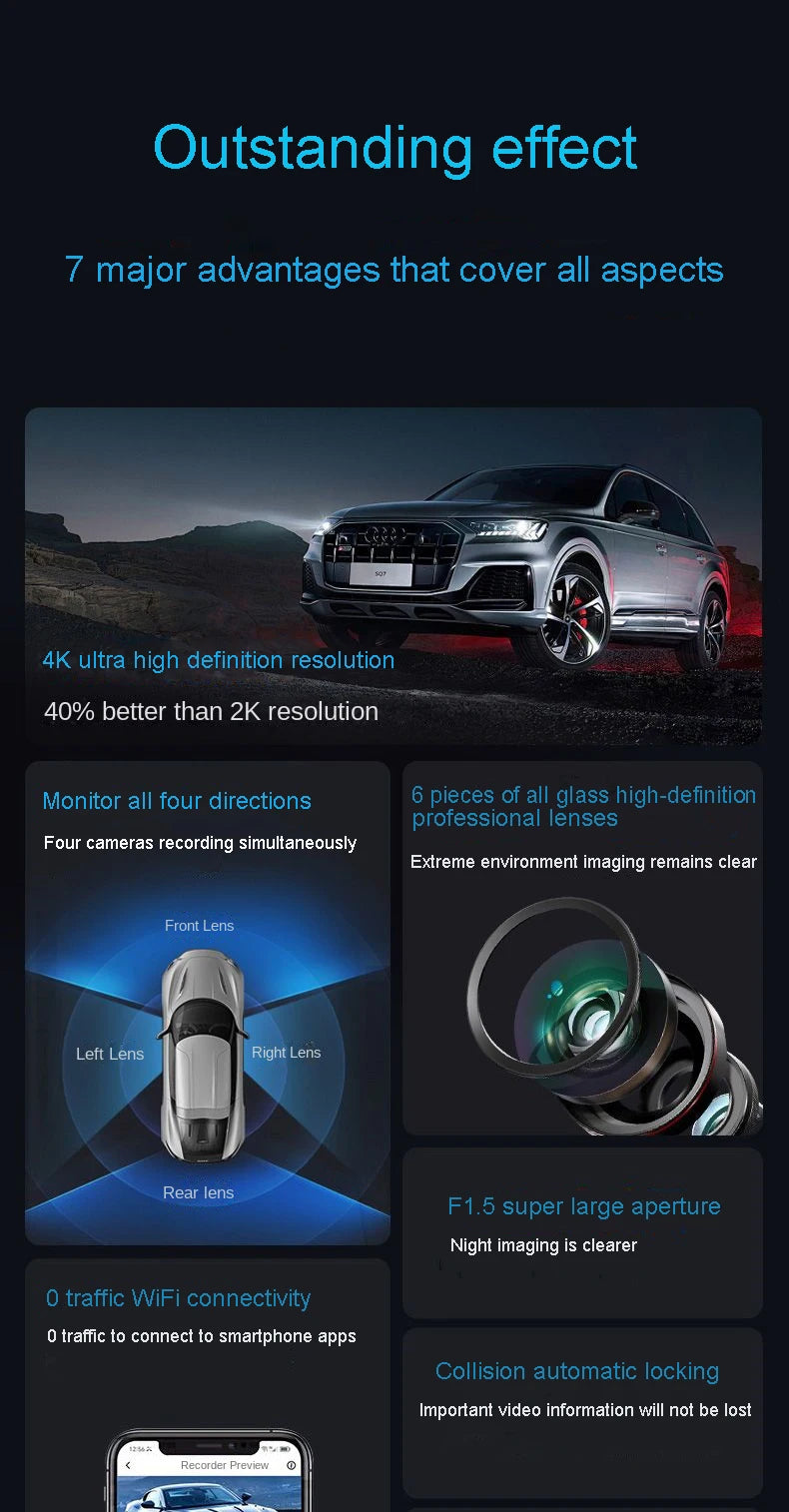 4K 4CH Hidden Dash Cam with APP Night Vision Motion Detection 24/7 Parking Monitor G-Sensor Loop Recording WDR Blackbox Car DVR