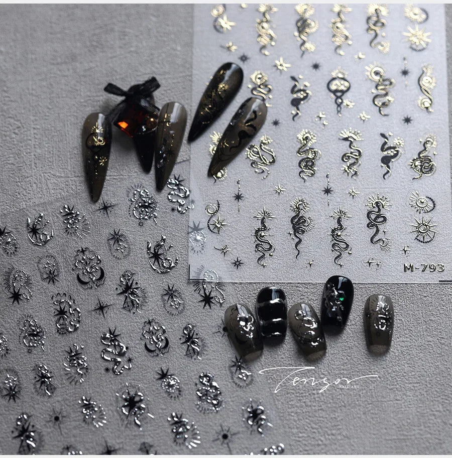 5D Gold Stamped Silver Sun Stars Snake Nail Art Stickers Totems Reliefs Self Adhesive Dark Chinese Style Manicure Decals